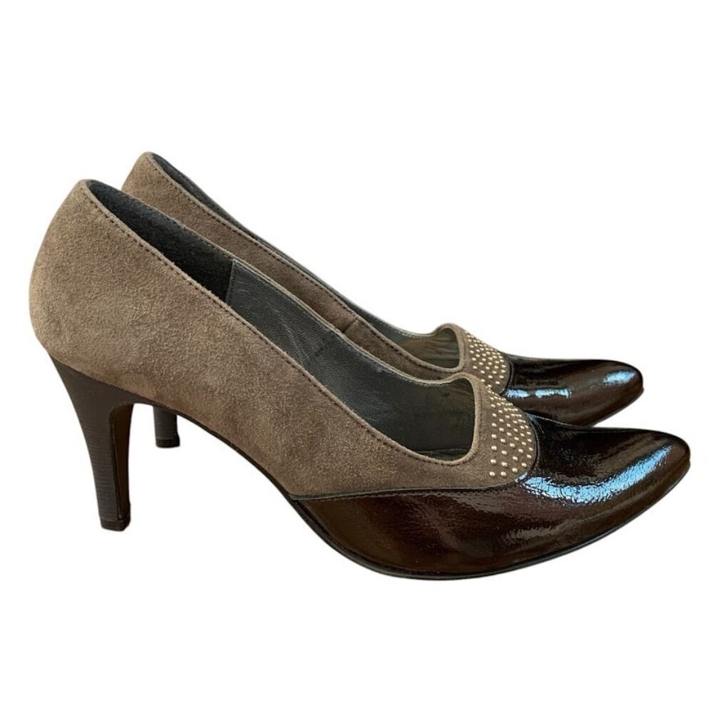 French Made Suede Pumps Size 38.5 Parisian Chic Glossy Toe Pointed Heels Taupe